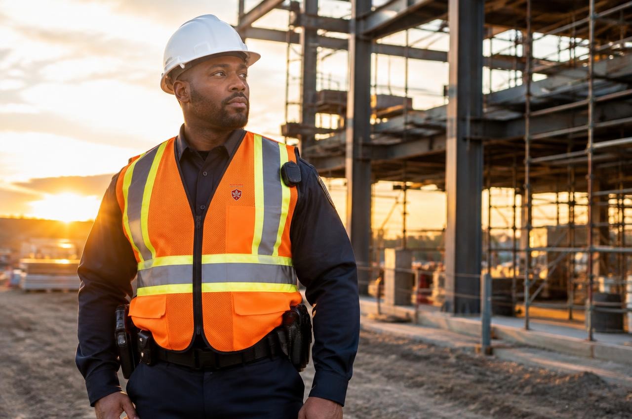 Buckeye Shield Security officer in a high-visibility vest on a construction site