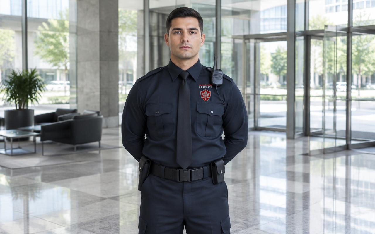 Illustrative security officer standing alert in an office lobby