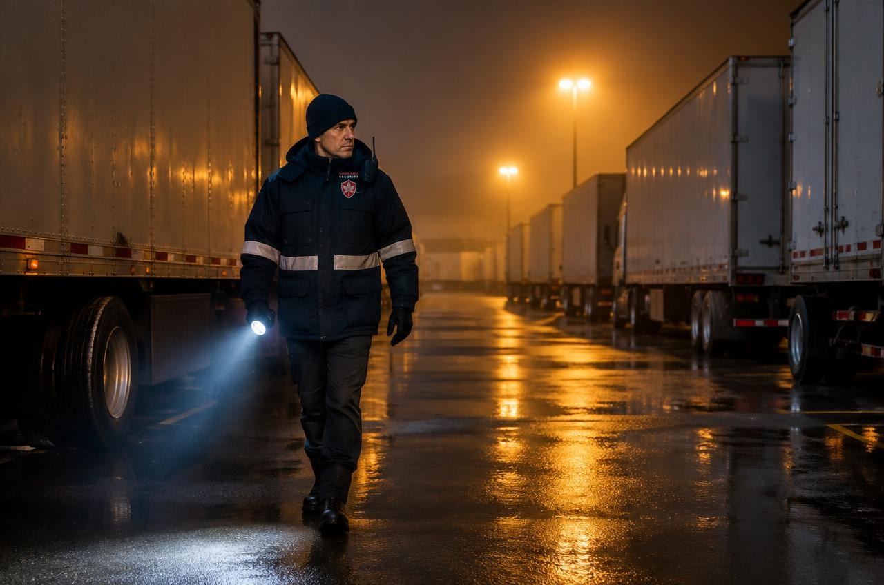 Buckeye Shield Security officer on night patrol in a truck parking yard