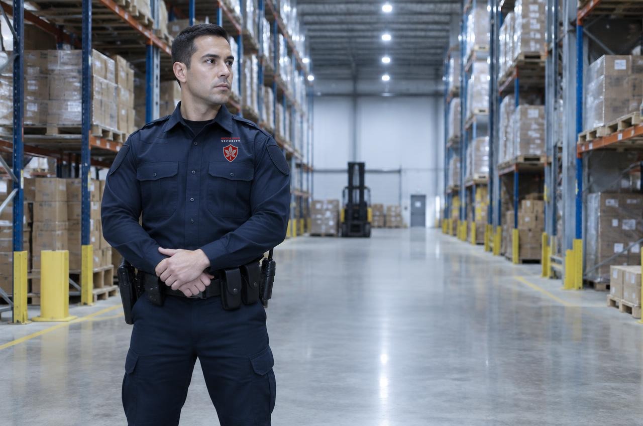 Buckeye Shield Security officer on duty inside a warehouse
