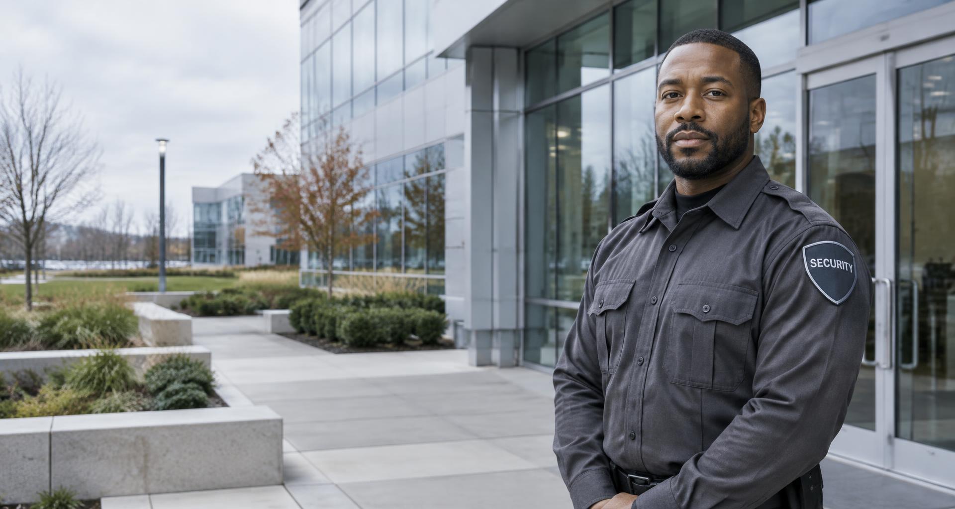 Illustrative professional security officer outside a commercial building